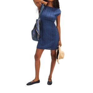 Free People Women's Blue Remember Me Embroidered Lace Mini Dress Open Back Large
